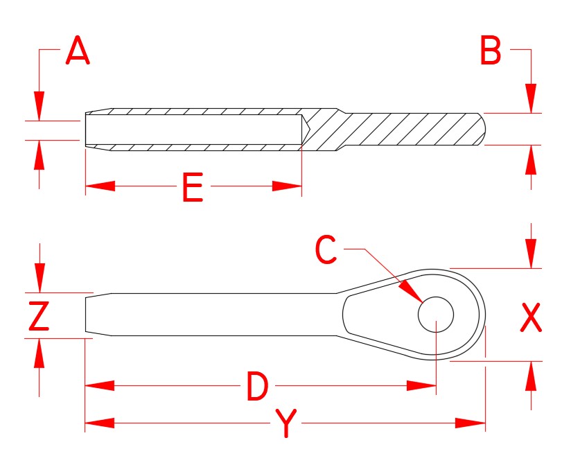 Stainless Steel Swage Marine Eye, S0735-0001, S0735-0002, S0735-0003, S0735-0004, S0735-0005, S0735-0006, S0735-0007, S0735-0008, S0735-0009, S0735-0010, S0735-0013, Line Drawing
